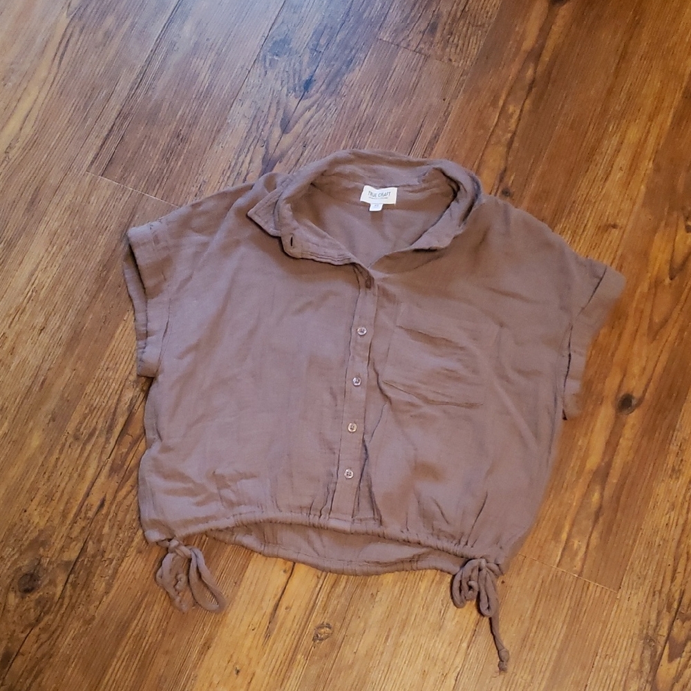 THE GREAT. Brown Button-Front Drawstring Crop Top